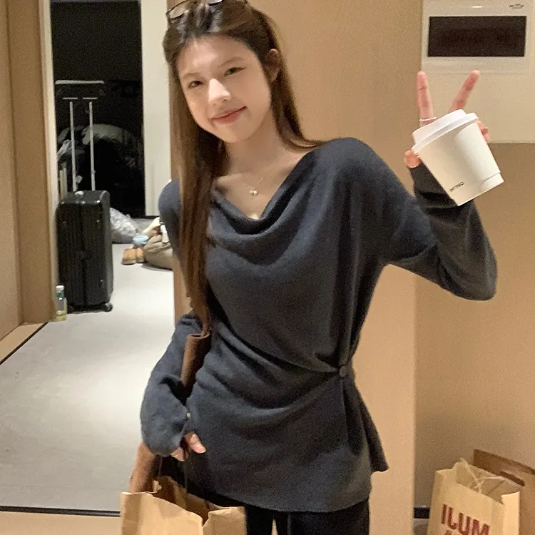 秋装法式荡领设计感斜扣收腰针织衫外穿气质长袖独特漂亮小衫上衣