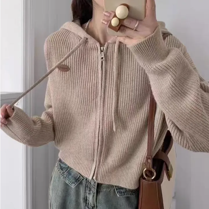 2025秋冬新款连帽拉链宽松外套女长袖针织开衫女休闲百搭短款上衣
