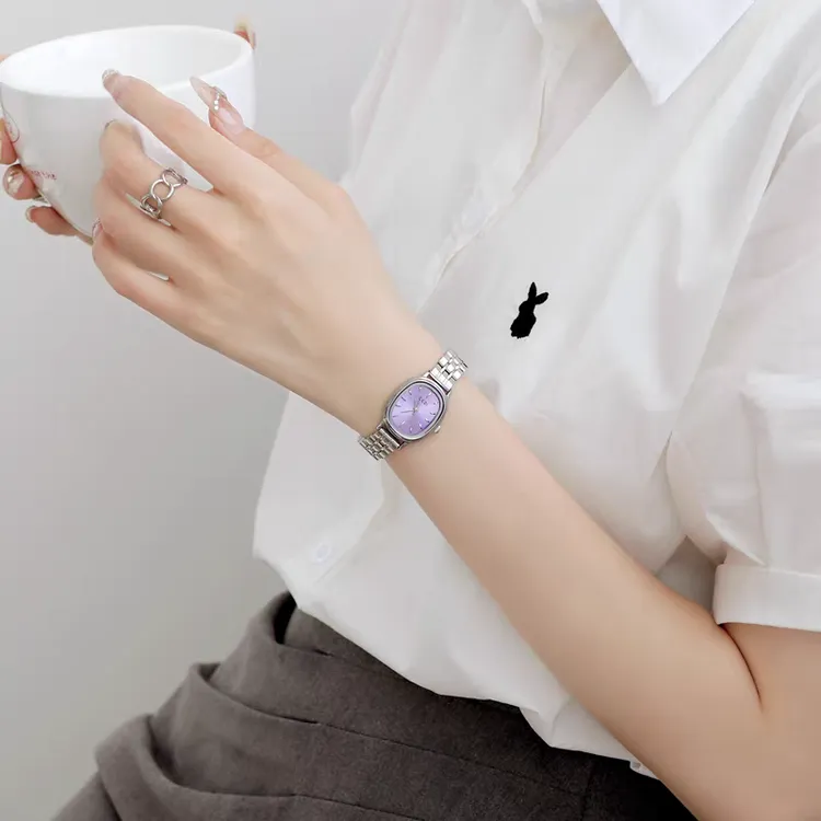 紫色椭圆韩系小表盘女士小众轻奢女款学生简约高级感钢带手表女