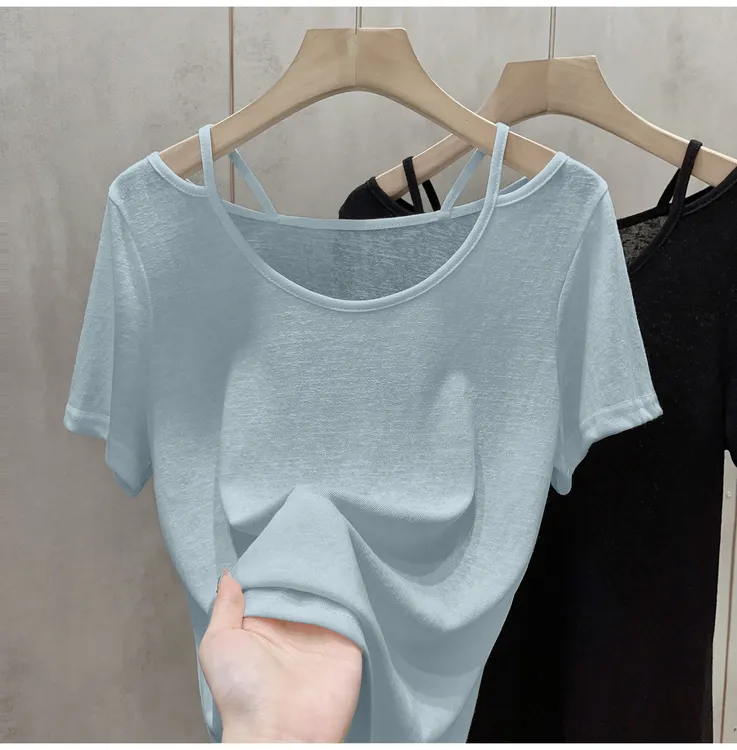 独特别致高级纯欲露锁骨t恤夏季雪花棉显瘦镂空小众气质慵懒风ins