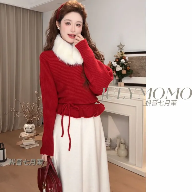 韩系温柔风荷叶边系带收腰针织衫女秋冬季新款百搭气质时尚毛衣潮