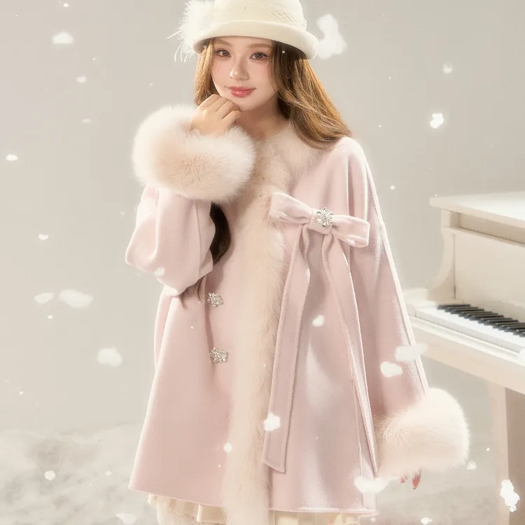 Youmi/雪国千金冬季粉色时尚氛围感毛毛呢子大衣外套秋冬中长款