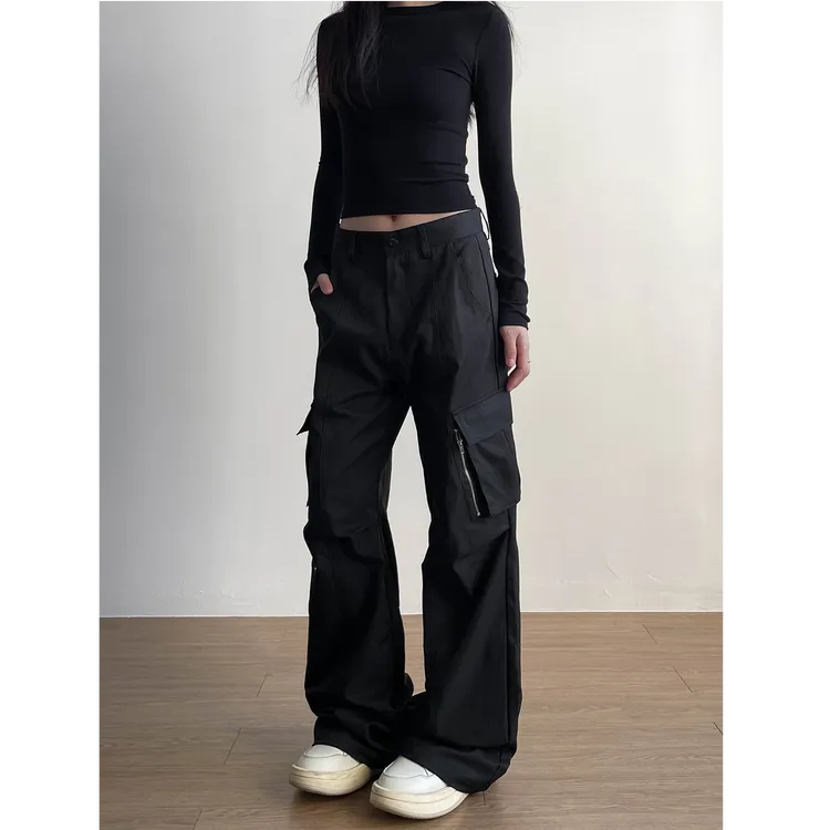 NOMIO美式拉链高腰薄款口袋长裤休闲裤复古阔腿运动工装裤显瘦