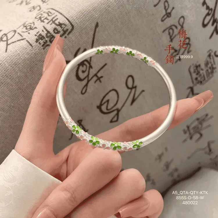 足银手镯 老凤祥和纯银999精美珐琅彩梅花手镯古风实心送妈妈礼物