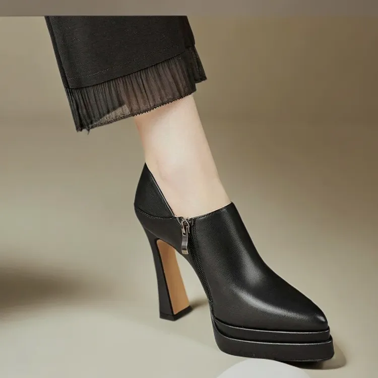 厚底防水台时装单靴尖头深口侧拉链小个子增高气质舒适高跟鞋