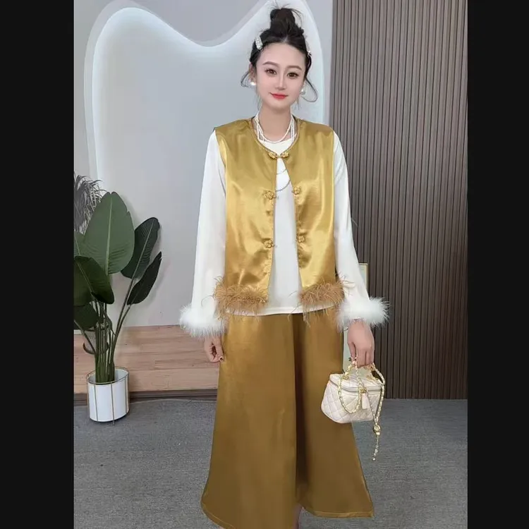 【柚柚】大码时尚轻奢毛毛拼接显瘦洋气气质马夹打底半身裙三件套