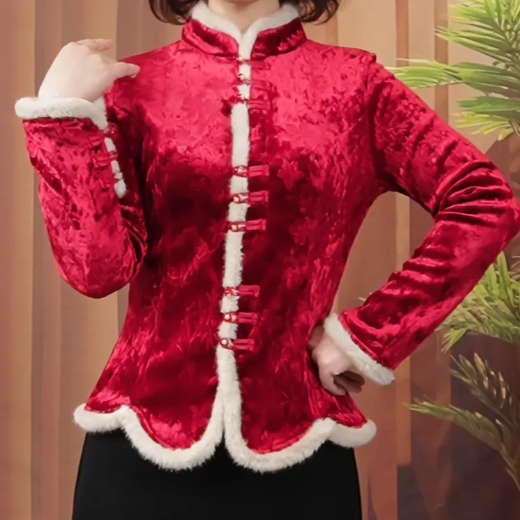 定制新年服冬款中式加绒打底衫复古修身加厚显瘦女士上衣内搭