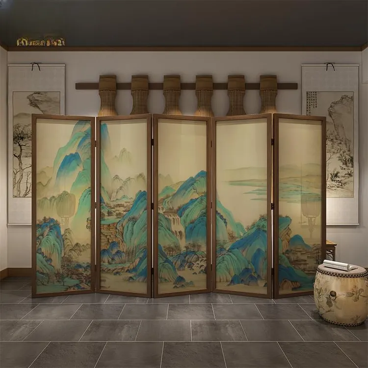 新中式国潮春晚千里江山图折叠屏风客厅书房会客厅背景隔断纱折屏