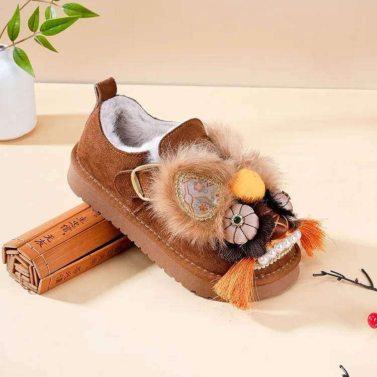 非遗手工虎头鞋勃肯鞋冬季雪地靴内增高毛毛鞋女国风保暖加绒棉鞋