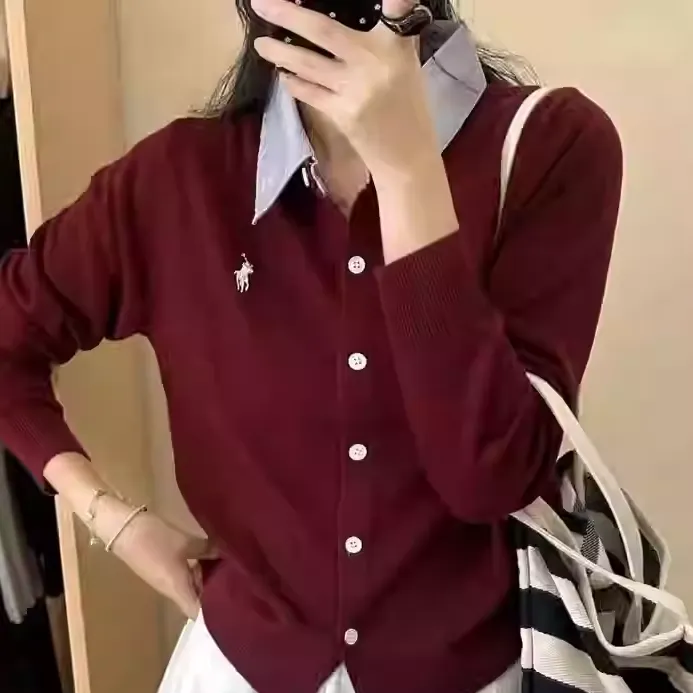 哥弟阿玛施正2025春秋季新款翻领拼接刺绣羊毛针织开衫女毛衣外套