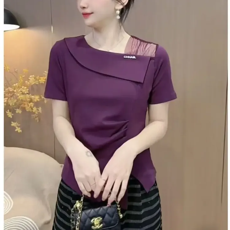 夏季新款时尚洋气舒适修身蕾丝拼接百搭上衣T恤衫套头短袖女小衫