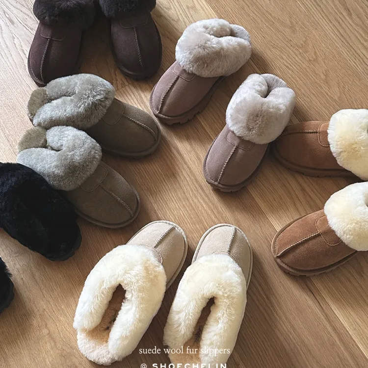 JOJOAUGG羊毛拖鞋薄㡳款真牛皮千颂伊星拖同款雪地靴女款皮毛一体