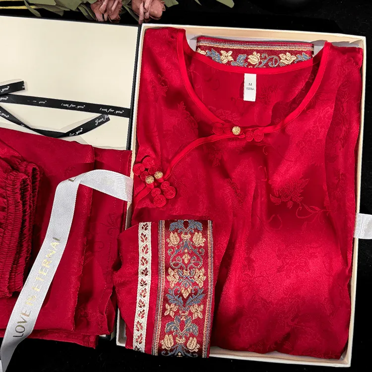 编织刺绣红色国风睡衣女春夏季薄款冰丝新中式长袖喜庆家居服秋季