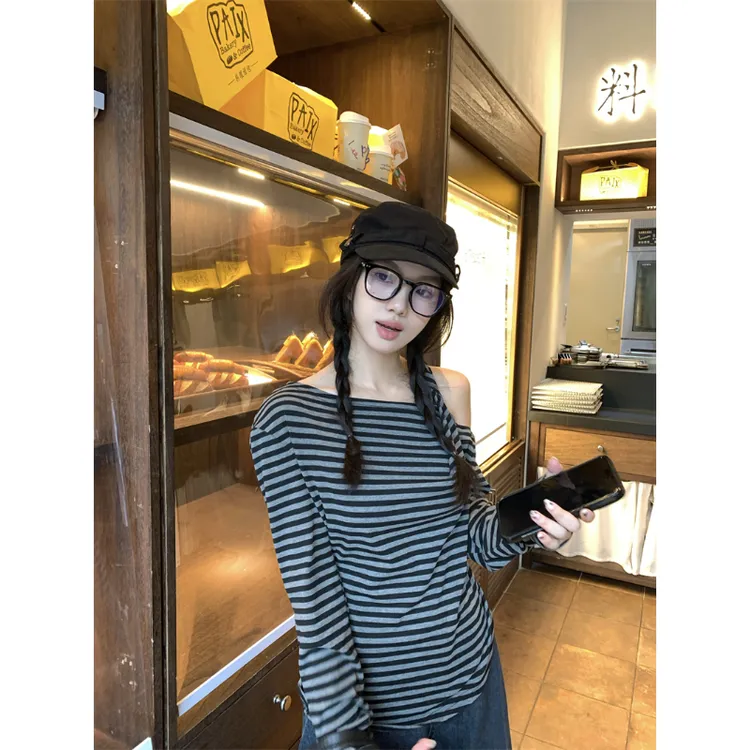 复古风设计感露肩扭结条纹长袖T恤女早秋季宽松显瘦休闲百搭上衣