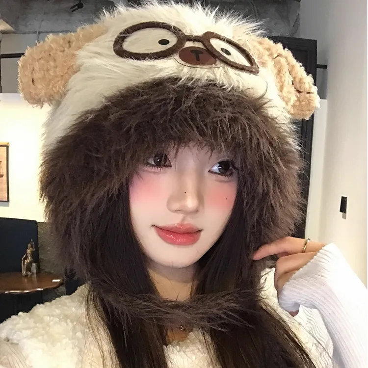 可爱眼镜小熊毛绒帽女冬季加绒加厚保暖护耳帽显脸小防寒雷锋帽子