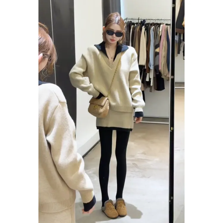 MARIE.COCO秋冬法式设计感大V领针织衫上衣极简风针织半身裙套装