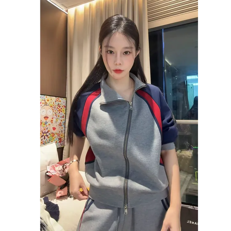 【冬季加绒】休闲洋气时尚百搭斜拉链设计撞色拉链衫女士套装7001