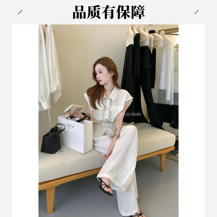 夏季时尚洋气气质套装衬衫+宽松棉麻工装阔腿裤休闲裤套装短袖