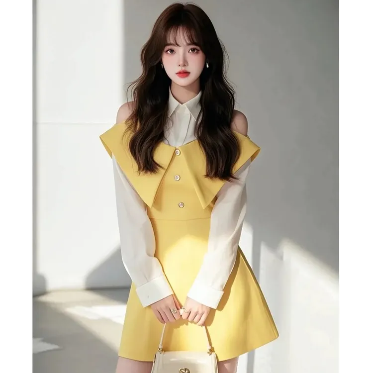 2025春季富家千金高级感穿搭气质小众减龄黄色假两件衬衫连衣裙女