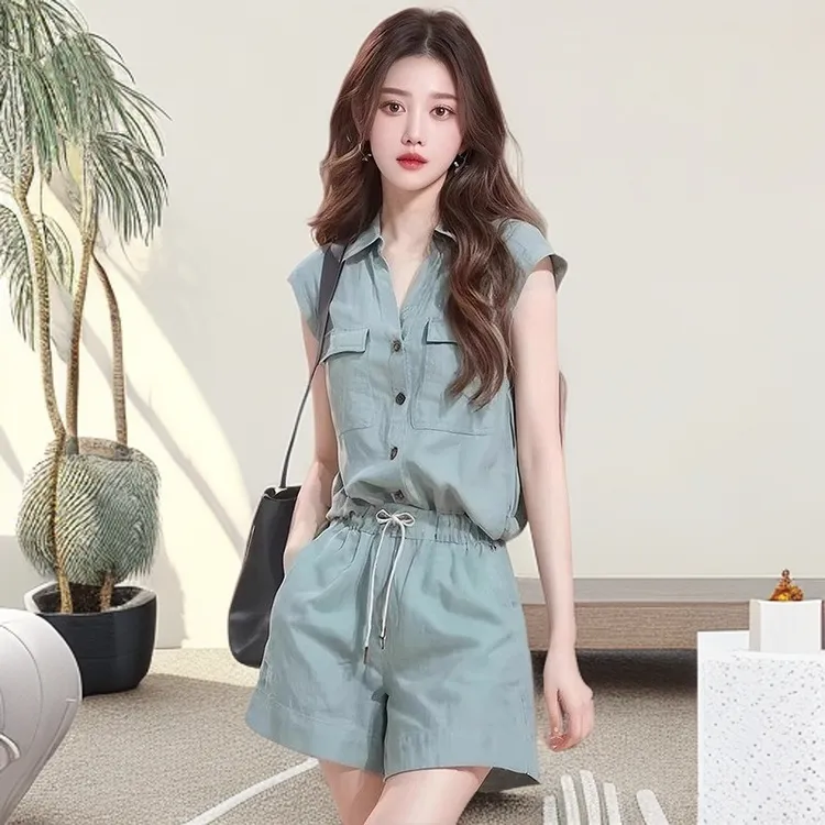 减龄搭配一整套装女装显瘦蓝色短裤两件套高级感2025新款夏季短袖