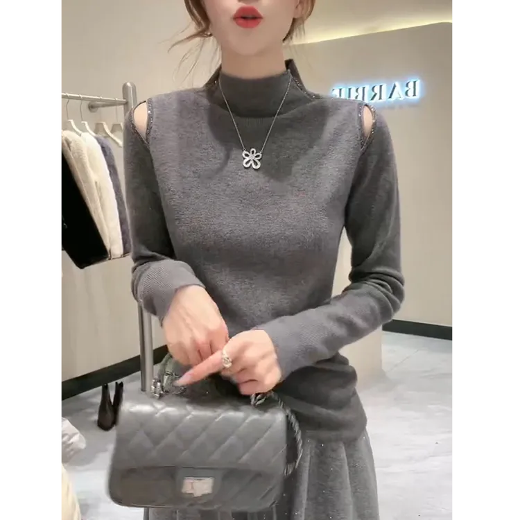 2025秋季新款洋气减龄半高领上衣内搭打底衫缕空时尚毛针织衫长袖