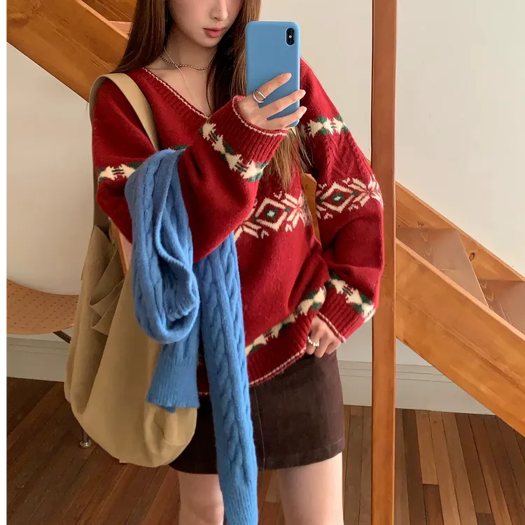 FCYSTUIDOHZJ冬季韩国少女气质保暖拼色图腾提花V领麻花厚毛衣女