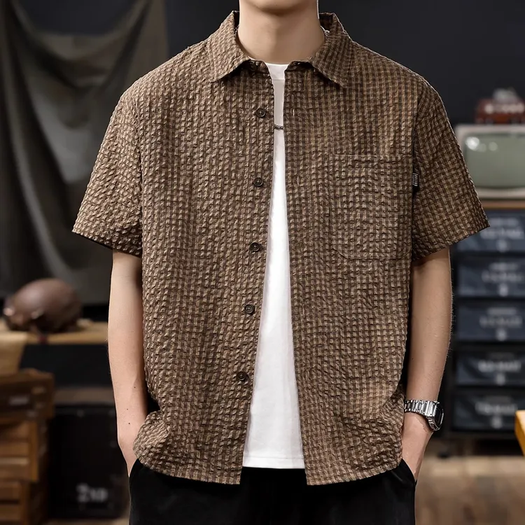 美式薄款冰丝格子短袖衬衫男2025夏季新款高级感速干男款半袖衬衣