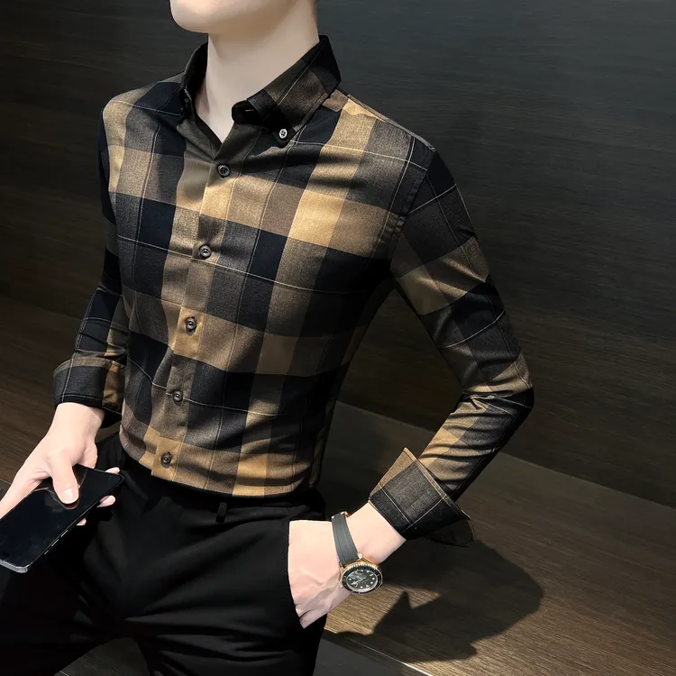 格子衬衣男款长袖秋季2025新款爆款商务男装痞帅拼色男士休闲衬衫