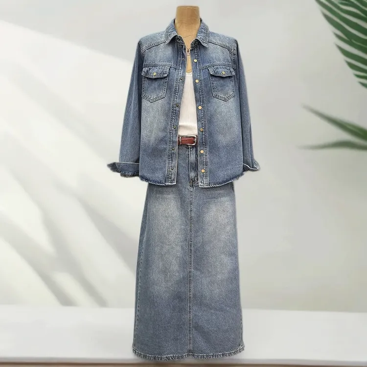 B6162秋季新款港风复古水洗长袖衬衫和高腰半身长裙两件套配腰带