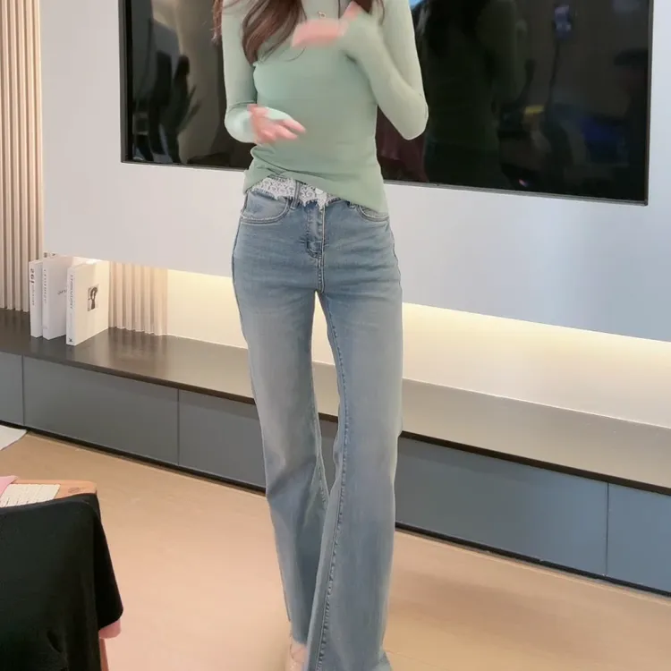 【人鱼摆尾】春季新款时尚休闲微喇显瘦蕾丝拼接牛仔裤LK2501485