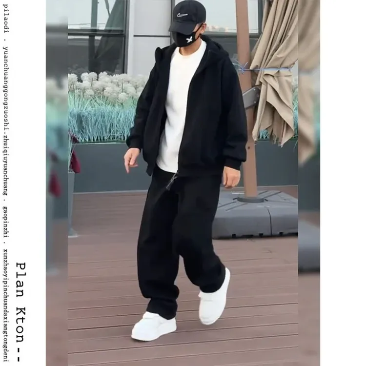 黑色运动休闲两件套装男款春秋季新品潮牌痞帅弯刀裤简约连帽卫衣