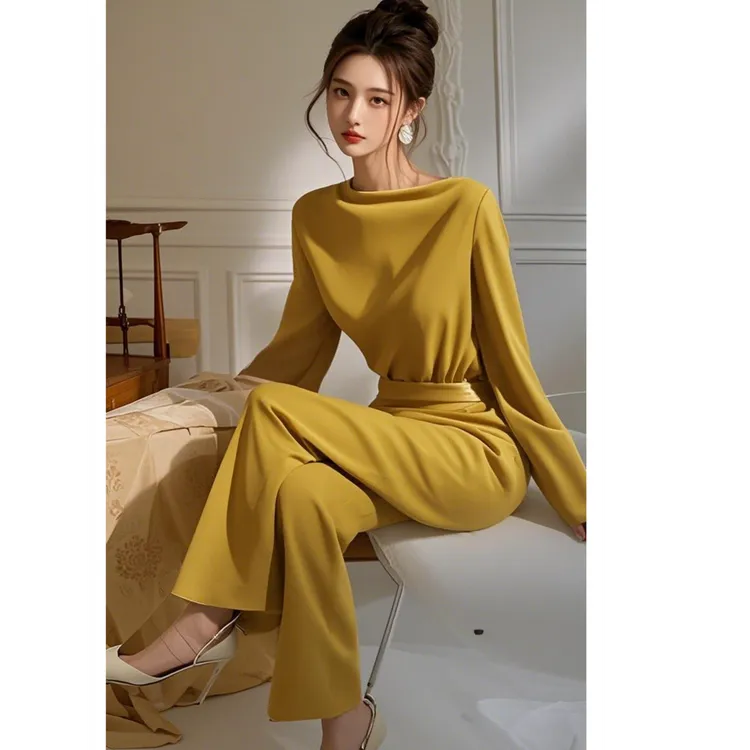 网红2025炸街黄色套装女设计感小众高级感气质名媛高端两件套裤装