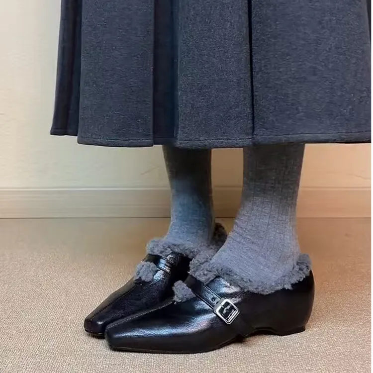 内增高5CM法式尖头气质玛丽珍鞋女秋冬一字带显瘦加绒毛毛小单鞋