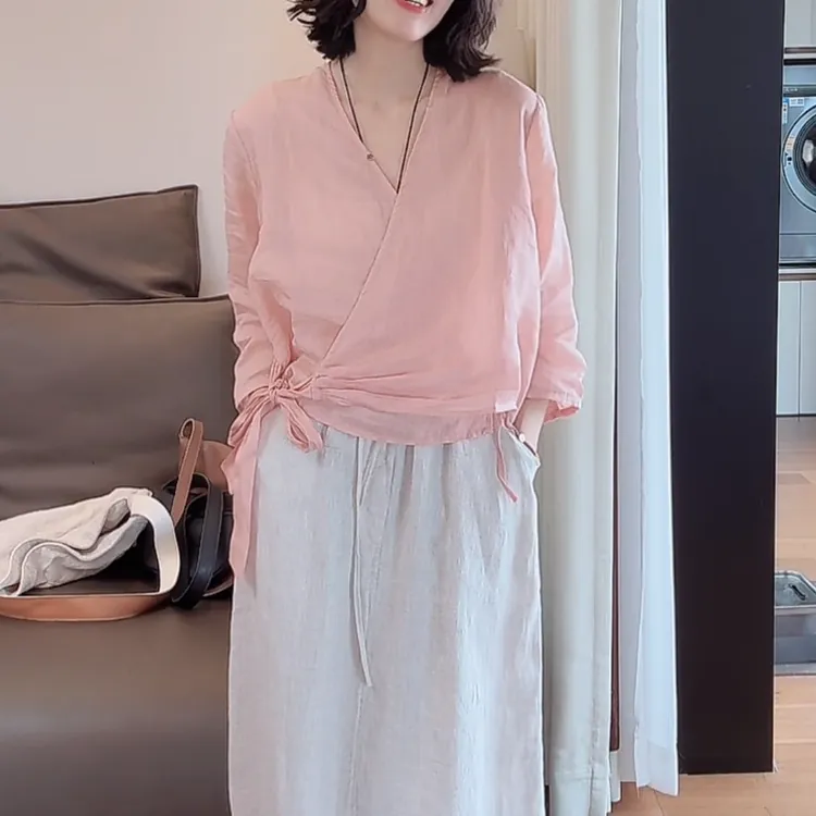 斜襟系带衬衫2025夏季新款时尚v领简约文艺高级感气质纯色上衣