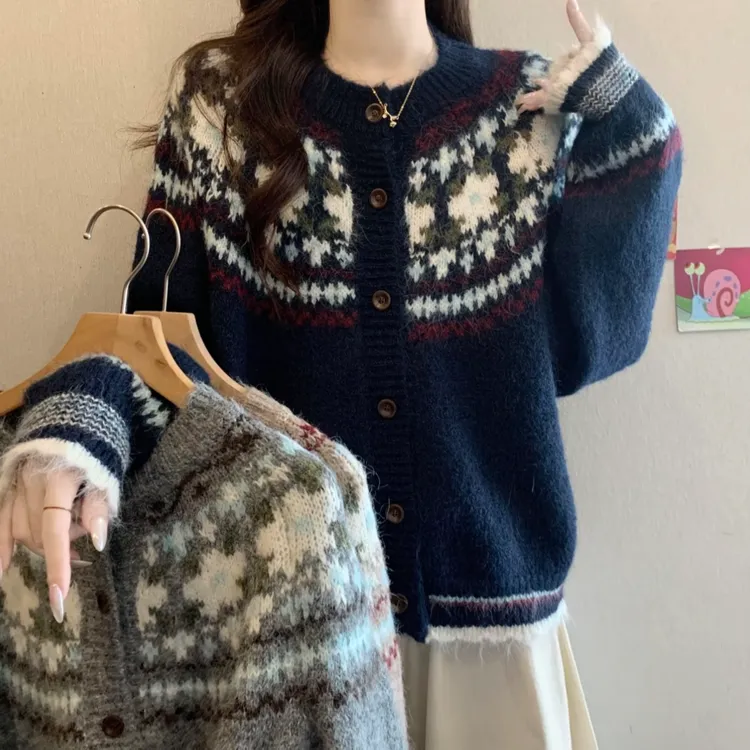 复古提花针织衫毛衣秋冬2025新款大码女装胖mm长袖开衫外套5728