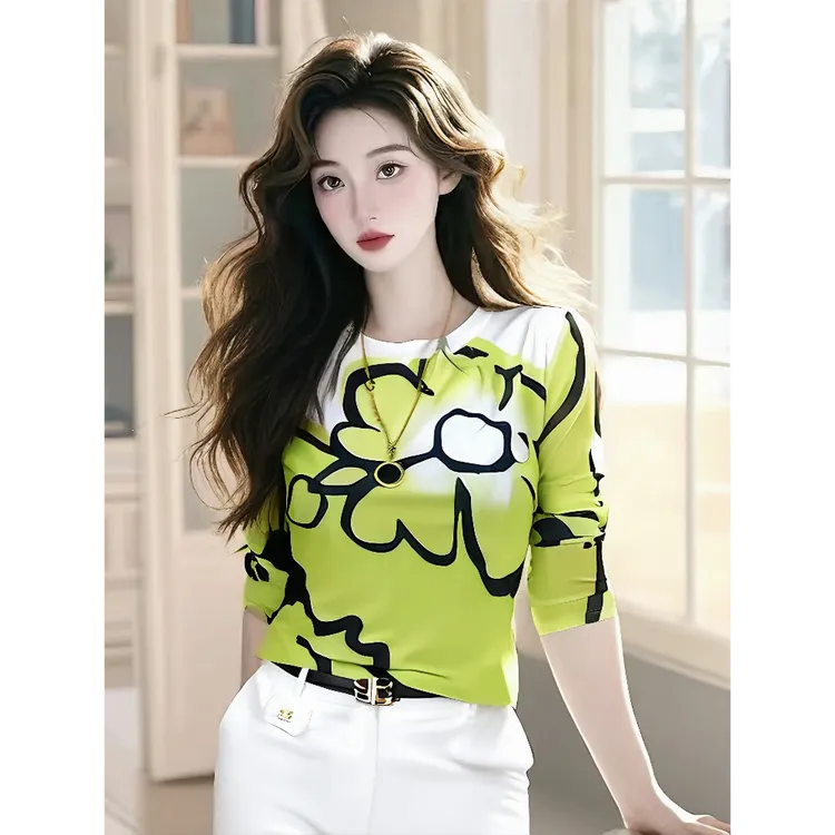 正肩长袖T恤女2025年新款春秋印花双层网纱薄款修身圆领显瘦洋气