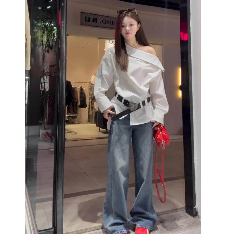 春季新款韩版纯色小众斜领露肩宽松百搭开叉衬衫搭高腰阔腿长裤女