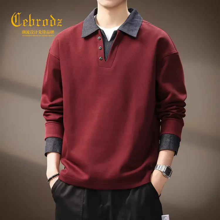 法国Cebrodz撞色牛仔拼接假两件长袖POLO衫男翻领男卫衣套头秋季