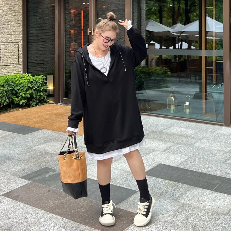 媛子大码高级感假两件连帽卫衣宽松慵懒风秋季新款洋气设计款上衣