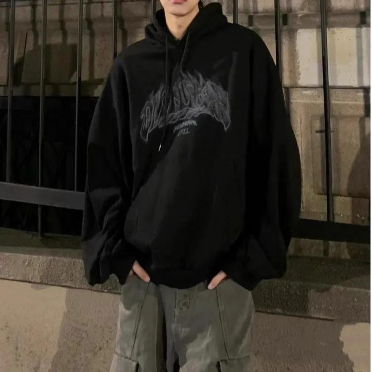 重磅黑色连帽印花卫衣男款秋冬美式加绒加厚高街休闲长袖宽松上衣