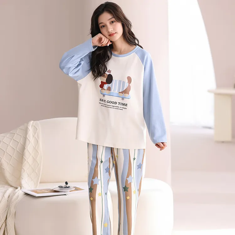 炸姐长袖睡衣女秋季2025新款蓝色腊肠狗印花休闲套装可外穿家居服