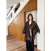 【唐悠悠mgdm】绵羊油蜡皮中长款皮衣女秋冬新款时髦宽松复古外套