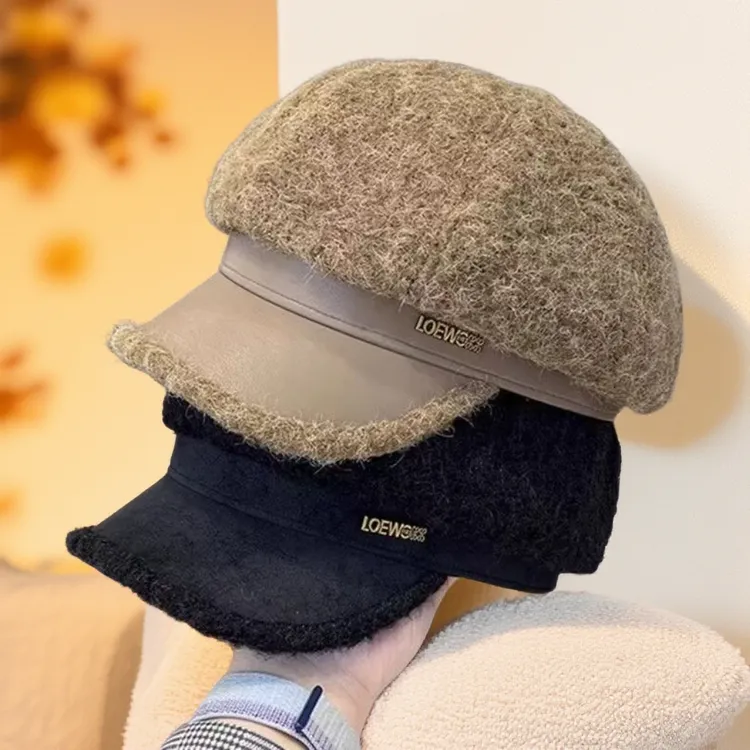 毛绒八角帽女秋冬季加厚加绒保暖报童帽子大头围百搭显脸小贝雷帽