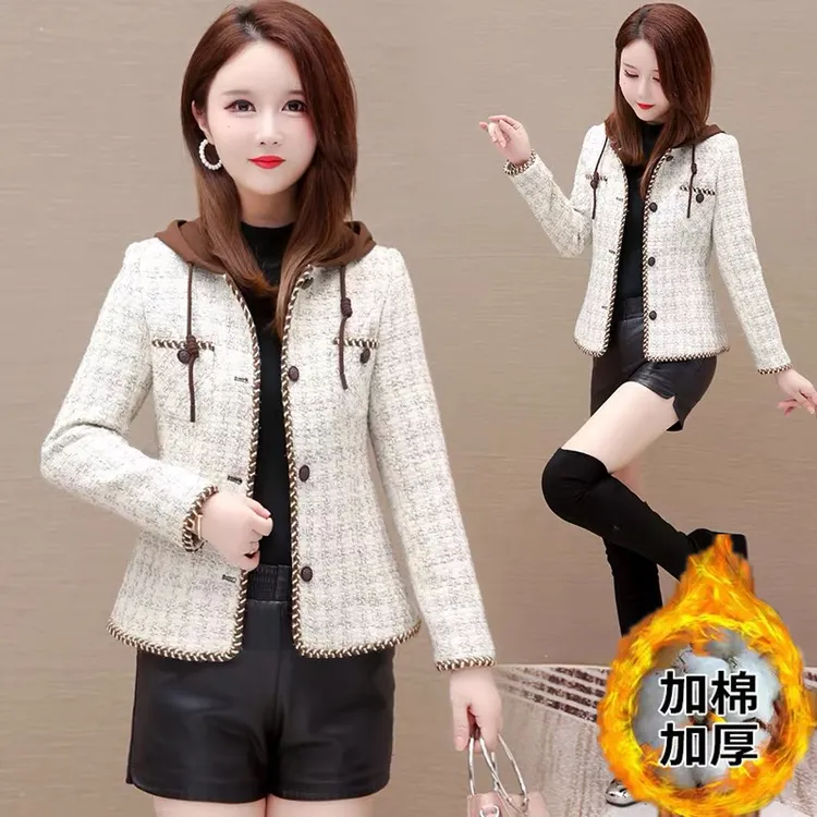 小香风连帽格子夹棉加厚短外套女秋冬季新款气质显瘦百搭呢子外衣