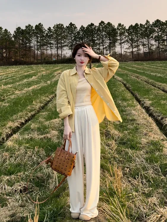 2025春季新款高级感穿搭针织背心衬衫上衣搭配休闲裤显瘦三件套女