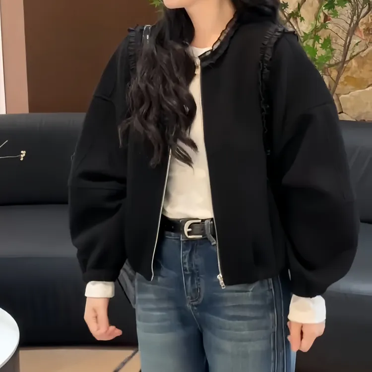 早秋大码女装新款休闲简约风韩系木耳边时尚百搭圆领长袖外套夹克