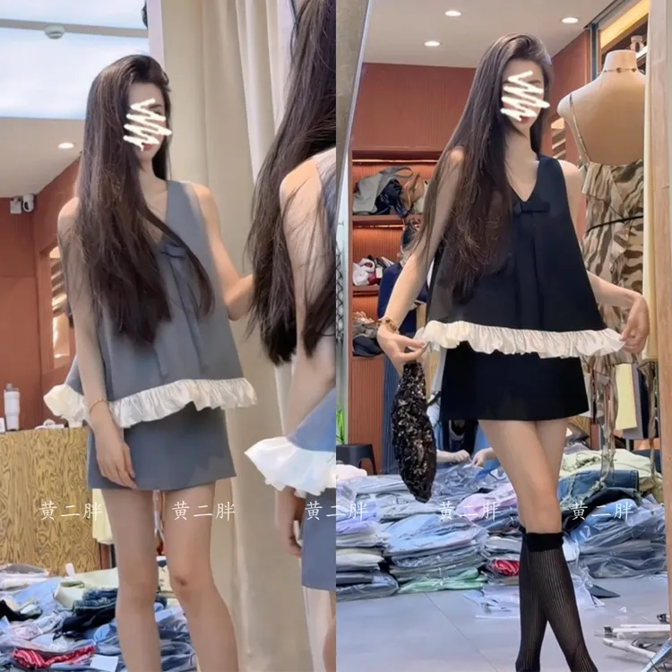 法式设计感蝴蝶结花边V领上衣气质高腰显瘦A字半身裙2025夏季新款