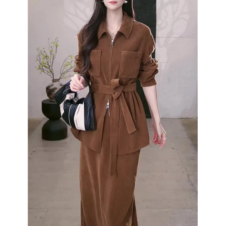 高级感时尚休闲裙套装女2025秋冬新轻奢宽松显瘦长袖衬衫+半身裙