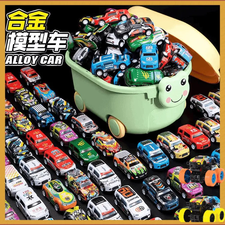 【爆款】金属回力小汽车惯性大越野车儿童玩具车铁皮合金车收纳箱装