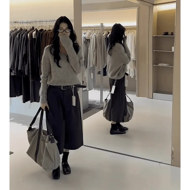 2025新款秋季慵懒风高级感韩系穿搭休闲针织毛衣高腰休闲阔腿裤女